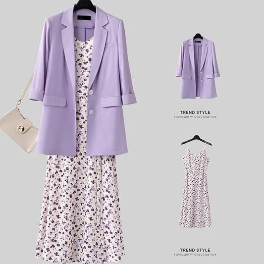 Women's Summer Casual Suit Large Size Blazer + Chiffon Floral Sling Dress Two Piece Ladies French Elegant Dress Suit