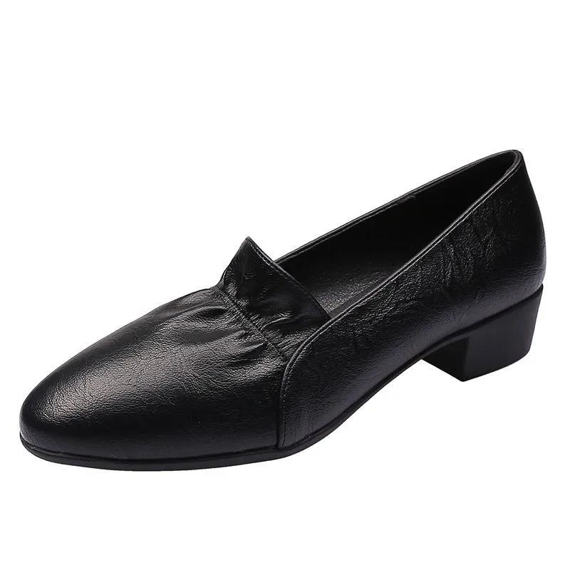 Soft Leather Shoes Women's Low Bottom Thick Heel Round Toe Soft Bottom Middle Heel Work Shoes Women's Leather Shoes