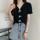 V-neck Short-sleeved T-shirt Women's Summer Slim Short Fungus Edge Knitted Sweater Ice Silk Thin Top