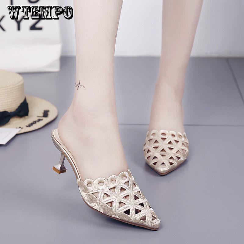 WTEMPO Summer Slippers Sexy Hollow High Heel Slippers Stiletto Half Drag Sandals