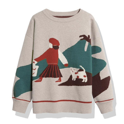 Vintage Autumn Winter Women Cartoon  Printed Sweater Student Loose Casual Pullover Sweater All-match Knitwear Coat Outer Wear