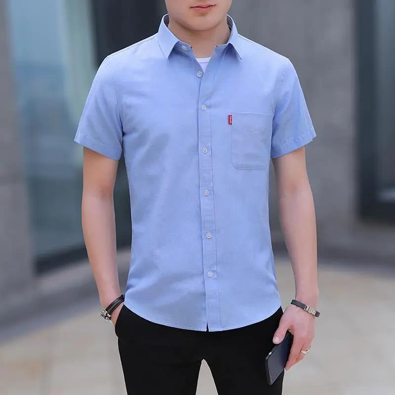 Oxford Cloth Shirt Men Tees Button Up Casual Undies Short Sleeve T-shirt Stretch Cardigan Male Clothing Solid Color Top Summer