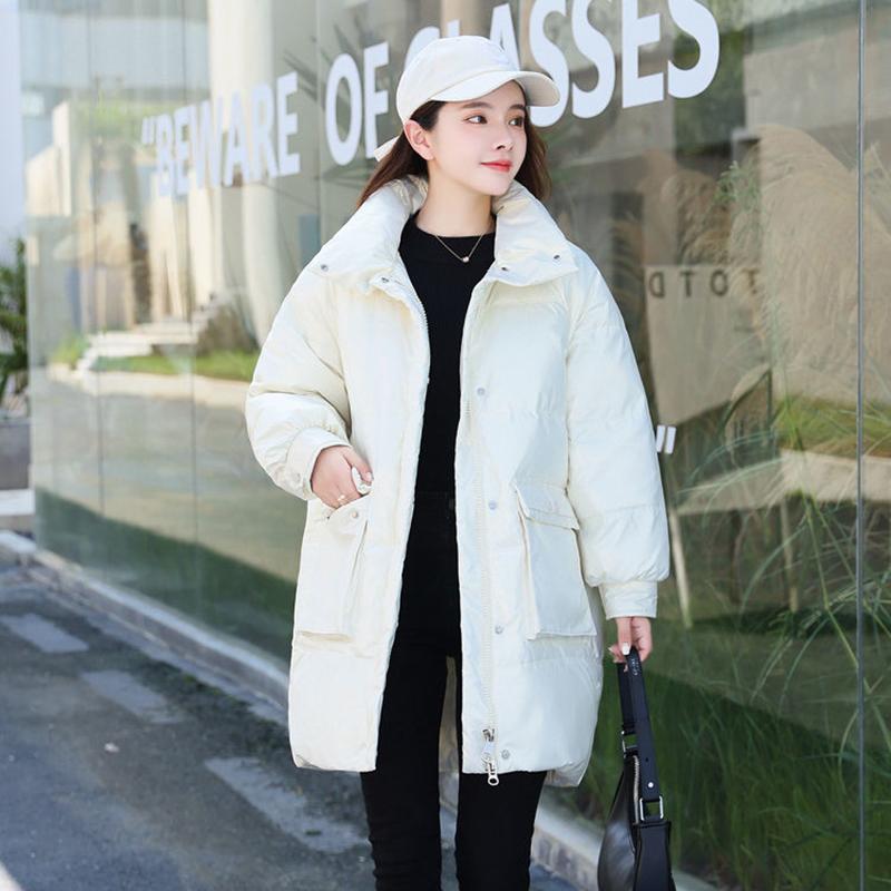 Women's Winter Korean Loose Quilted Coat Warm Stand-collar Down Jacket Women's Glossy Mid-length Down Jacket