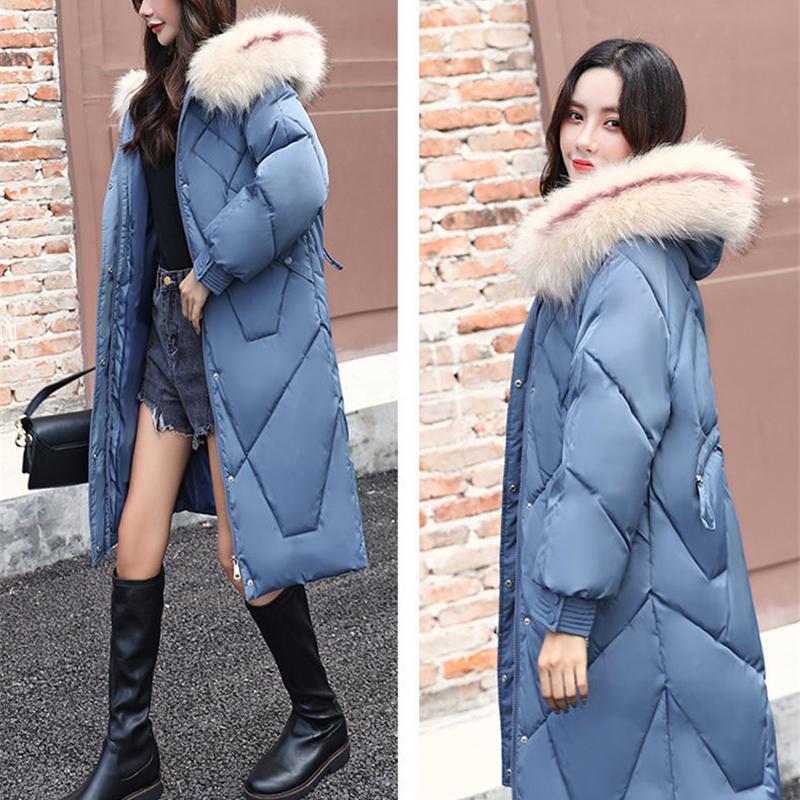 Ladies Winter Coat Mid-length Large Fur Collar Hooded Down Coat Slim Fit Hooded Thick Warmth Parka Coat