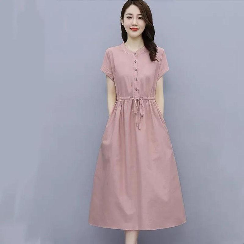 Women's Summer Dress Solid Color Round Neck Skirt Women's Large Size Mid Length A-Line Skirt