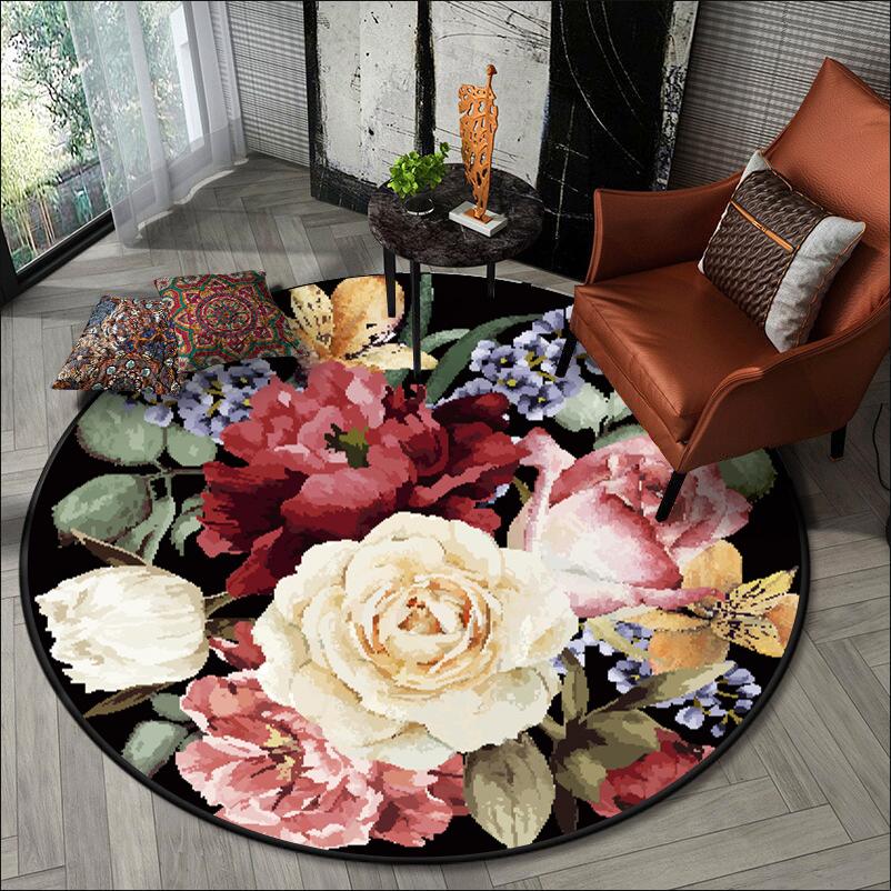 Round Carpet Luxury European Style Retro Color 3D Large Flower Pattern Round Living Room Carpet Bedroom Hanging Basket Chair Non-slip Floor Mat Carpet