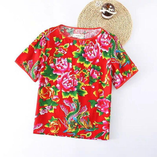 Chinese Style Printed Clothes Safflower T-shirt Lovers Personality Trend Top