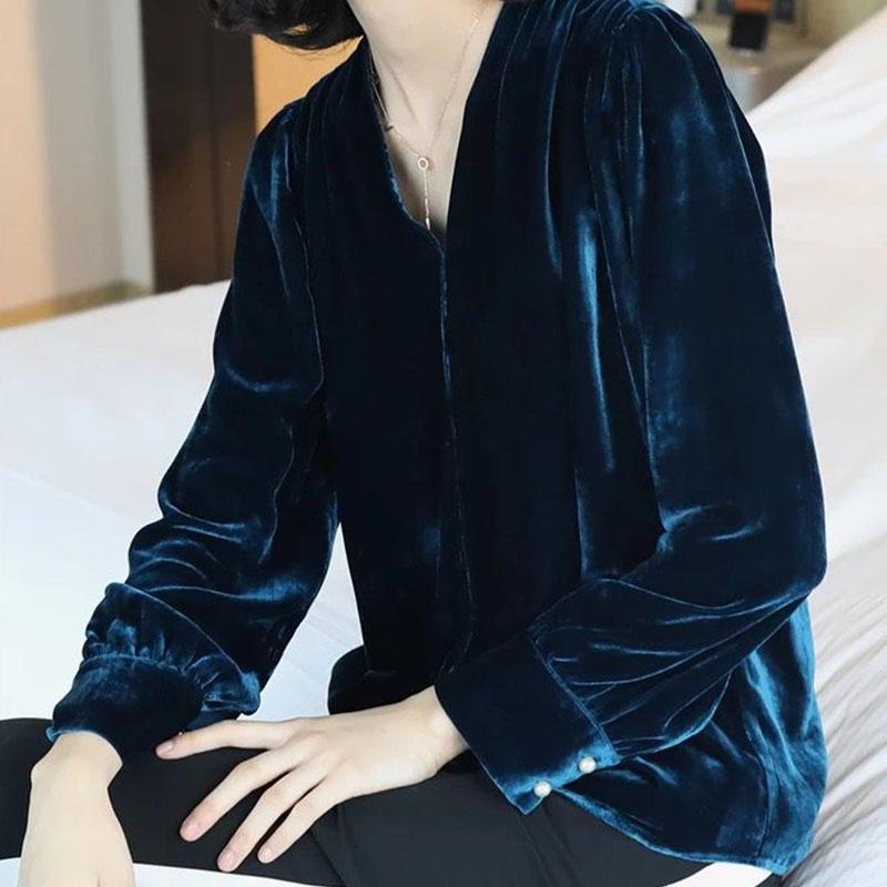 V-Neck Gold Velvet Pullover Tops Women Autumn Solid Slim Long Sleeve T-Shirt Elegant Bottoming Tees