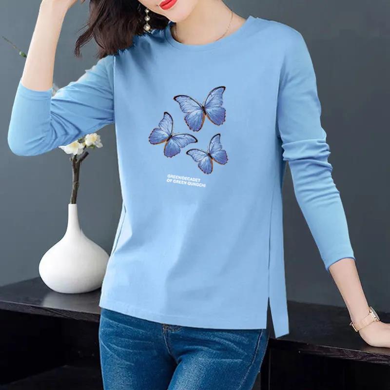 Three Butterfly Print T-shirt Women Cotton Pullover Long Sleeve Bottoming Shirt Casual Split Shirt Spring