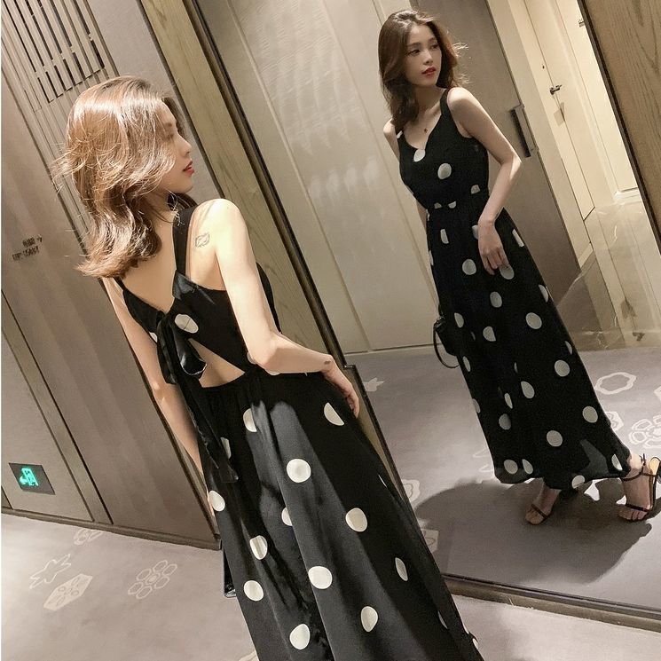 Polka Dot Suspender Dress Women's Summer Elegant Mid Length Open Back French Waist Chiffon Dress
