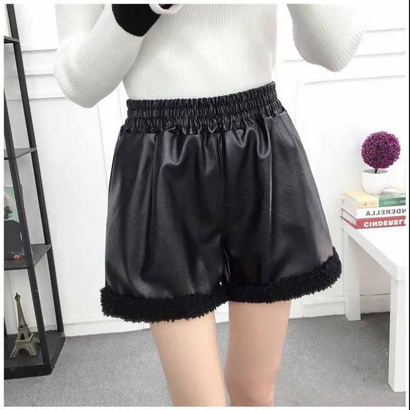 Leather Bottoming Women's Winter Stitching Lamb Wild Burrs Korean Version of PU Leather Pants Tide Thin Shorts Boots Pants
