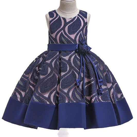 Girls Summer Dress Princess Skirt with Flower Jacquard Fabric Sleeveless Lace Dress