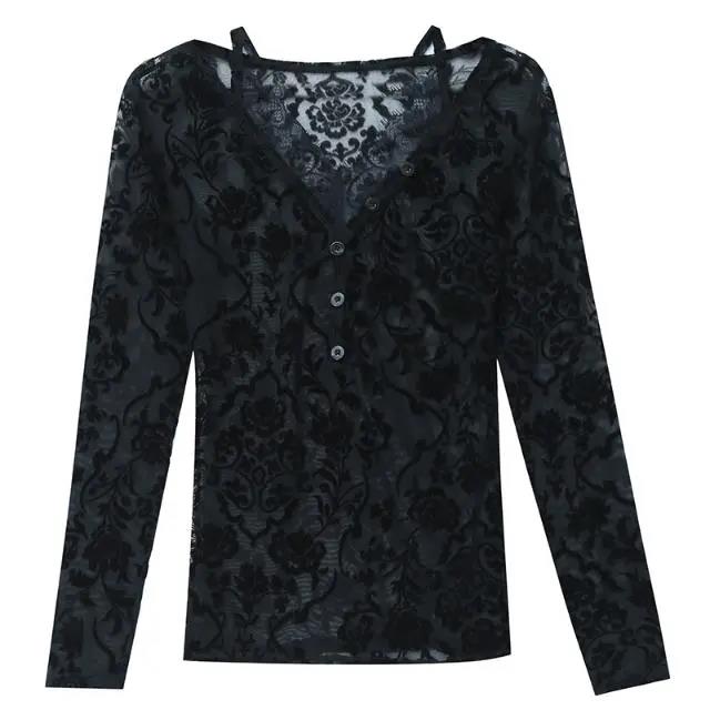 Spring Women's Slim Slim Long-sleeved V-neck Top Fashion Hollow Mesh Lace T-shirt See-through Dress