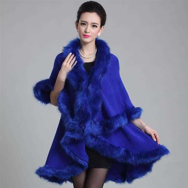 Ponchos and Capes Women 2019 Christmas Fashion Faux Fox Fur Collar Winter Wool Cloak Long Overcoat