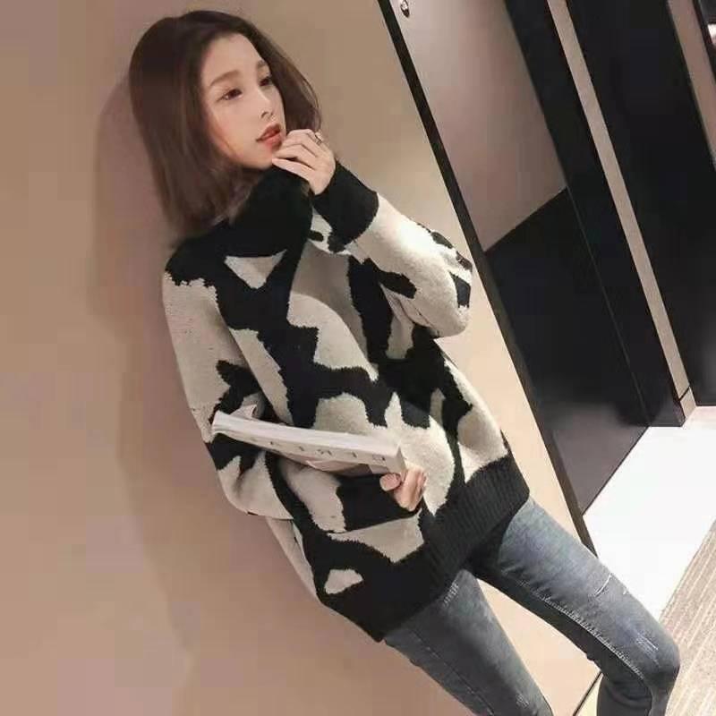 Pullover Net Red Sweater  Loose-fitting Sweater Top Winter Turtleneck Women's Leopard