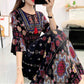 Ethnic Style Round Neck Three-quarter Sleeve Dress Retro Elastic Waist Ruffled Large Swing Skirt Holiday Travel Long Skirt Large Size Women's Clothing