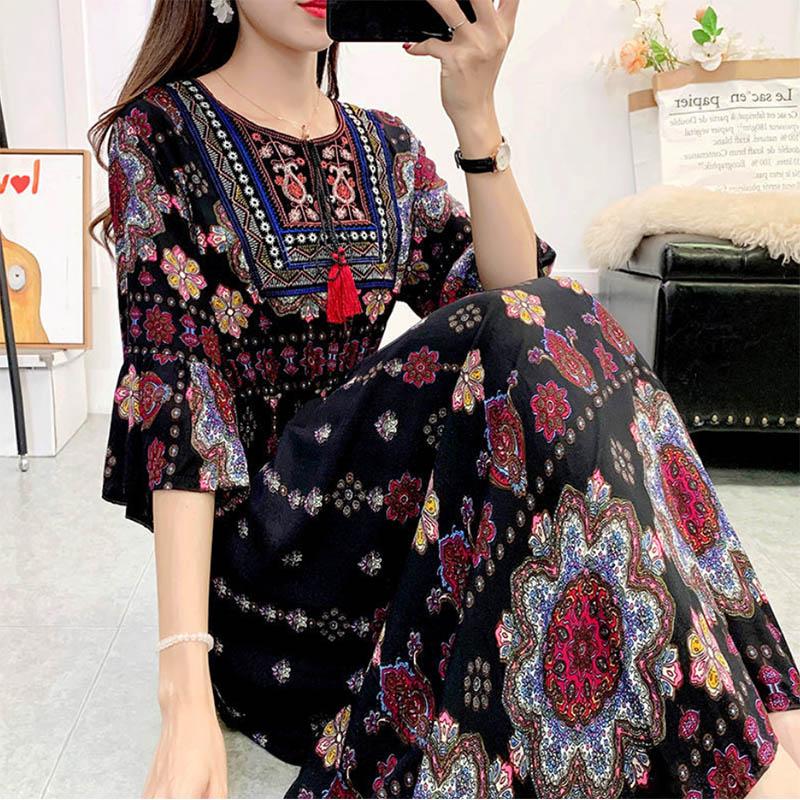 Ethnic Style Round Neck Three-quarter Sleeve Dress Retro Elastic Waist Ruffled Large Swing Skirt Holiday Travel Long Skirt Large Size Women's Clothing