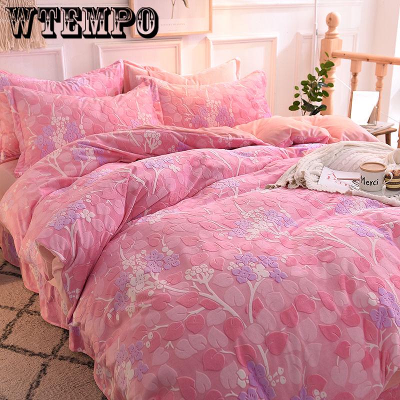Cashmere Princess Style Orange Color Bed Sheet Fleece Winter Bedding Set 4pcs Double-sided  Thickened Warmth Quilt Cover