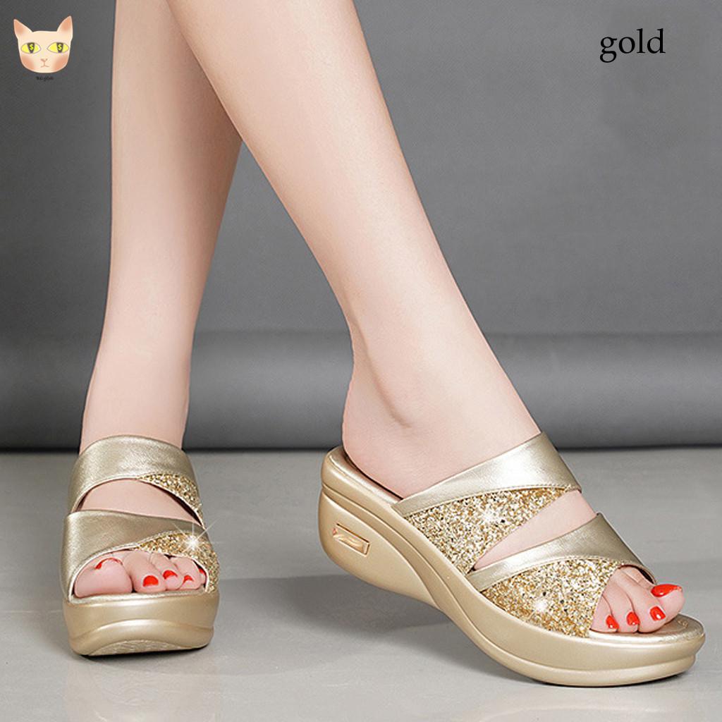 Bling Slipper Woman Shoes Ladies PU Leather Wedges Flat Shoes Female Casual Slingbacks Sandals Comfortable Platform