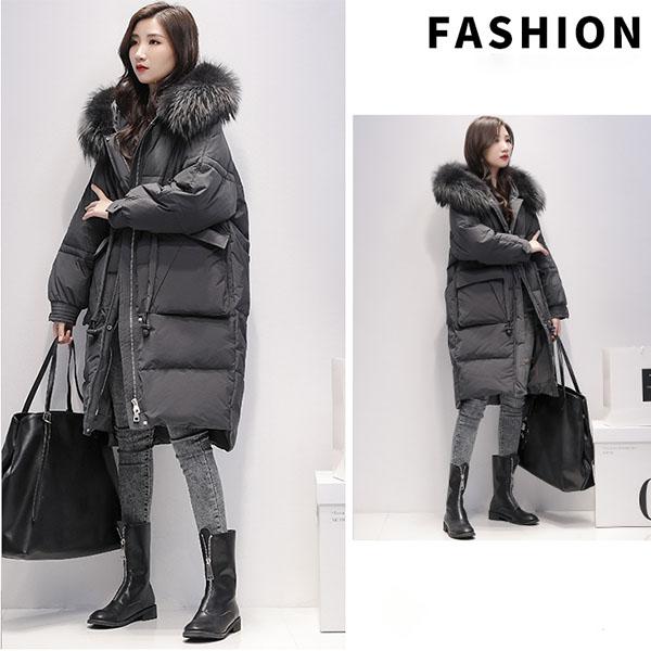 Winter All-match Mid-length Down Jacket Women's Hooded White Duck Down Real Big Fur Collar Jacket Thickened Warmth