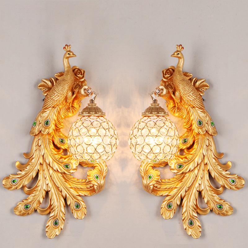 Retro peacock crystal LED wall lamp living room background bedroom bedside peacock phoenix wall lamp