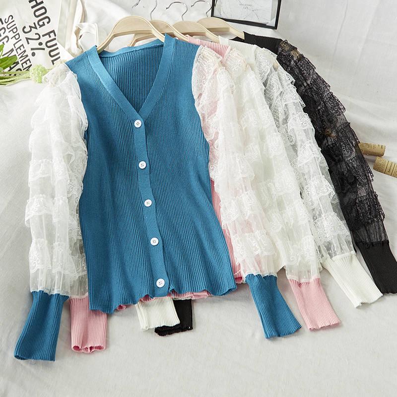 Pofulove Lovely Crew Neck Lace Cuffs Base Knitwear Skin-friendly High Elastic Button Jumper Sweater