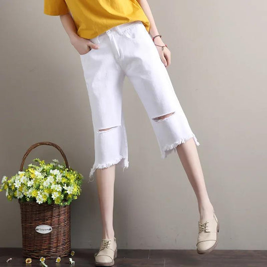 Cropped Jeans Women's Summer Ripped High-waist Straight-leg Pants Korean Elastic Waist Plus Size Fringed Wide-leg Pants