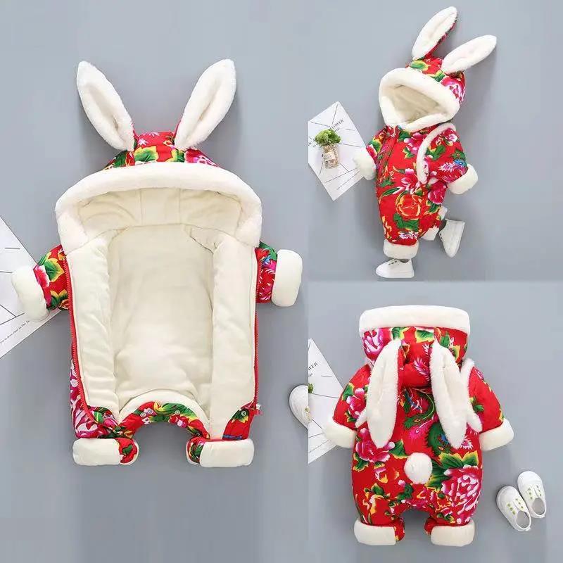 Baby Big Flower One-piece Winter New Year's Clothing New Year's Clothing Baby Festive Romper Plus Cotton Padded Outing Clothing