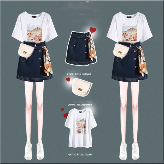 Fashion  Summer Tops Skirt 2 Piece Set Women Printed T Shirt Irregular Skirt 2 Piece Set Outfits