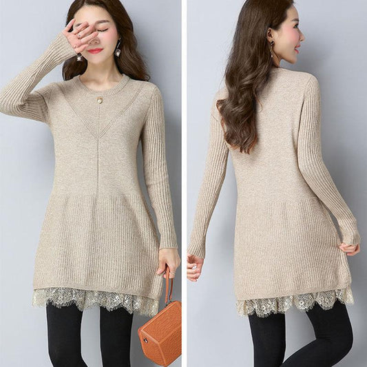Plus Thick Autumn and Winter Sweater Women Loose and Warm Mid-length Bottoming Shirt Round Neck Knitted Lace Sweater Dress