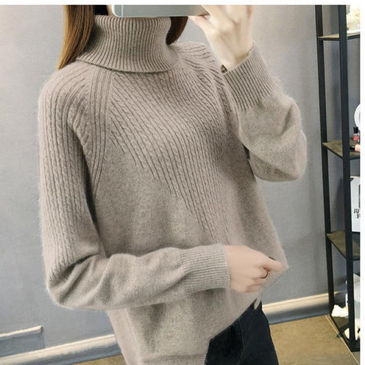 Autumn and Winter Ladies Turtleneck Sweater Twist Loose Solid Color Pullover Bottoming Shirt Slim Long-sleeved Sweater