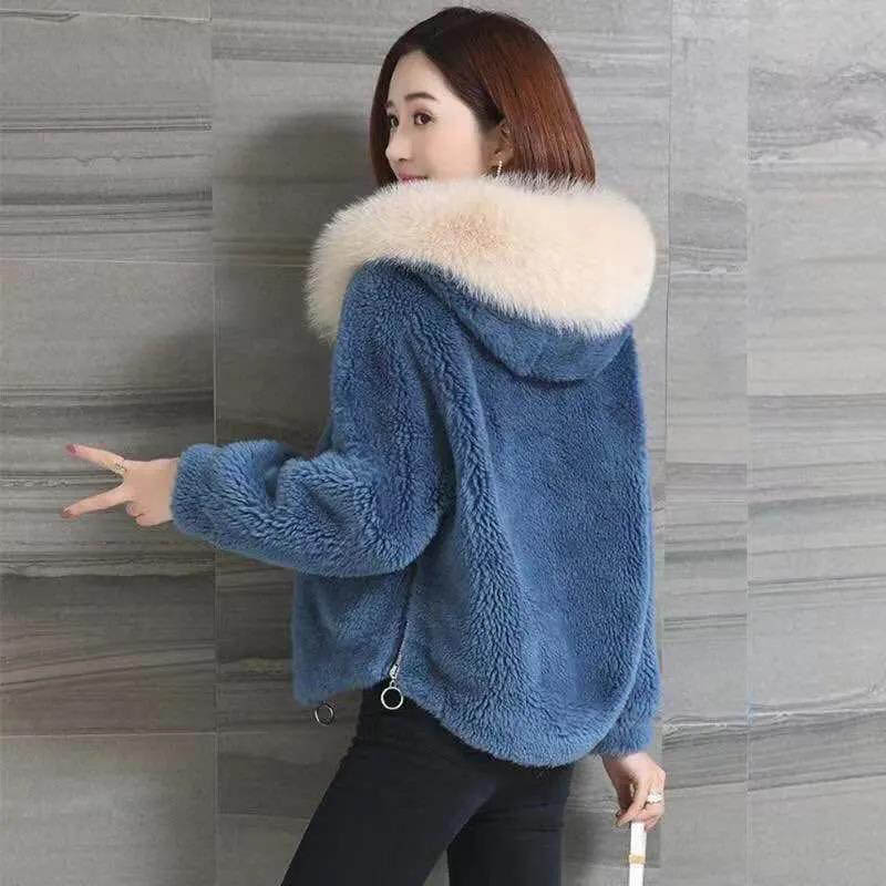 Fur Coat Women's Faux Sheep Shearing Hooded Women's Short Autumn and Winter Models of Fleece Fleece Coat