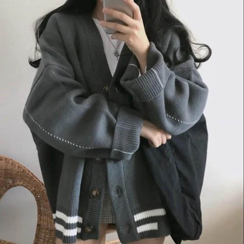 Lazy Style Knitted Cardigan Women's Autumn and Winter Loose School Style V-neck Long-sleeved Sweater Jacket