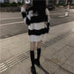 Pofulove Striped V-neck Long-sleeved Sweater Women's Hedging Loose Mid-length Coat Autumn Winter