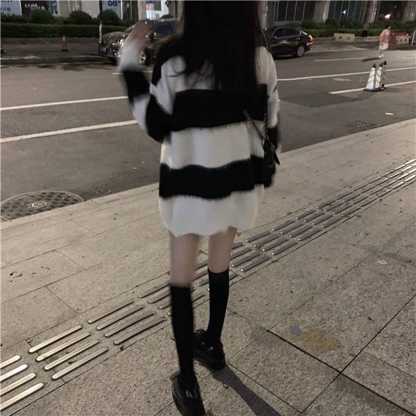 Pofulove Striped V-neck Long-sleeved Sweater Women's Hedging Loose Mid-length Coat Autumn Winter