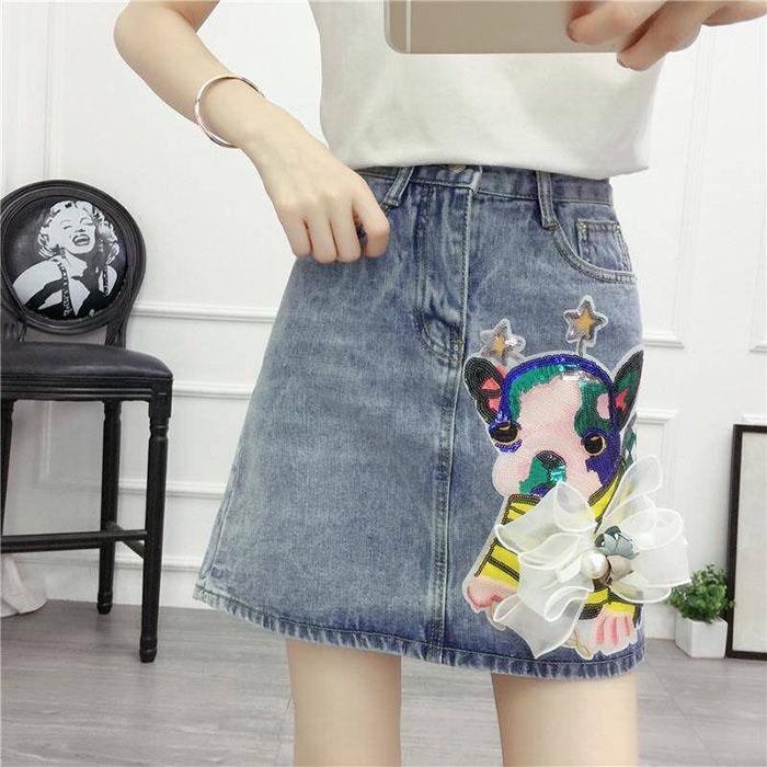 Pofulove S-5XL Women Irregular Cartoon Denim Skirt High Waist Slim Sexy A-line Package Hip Skirt