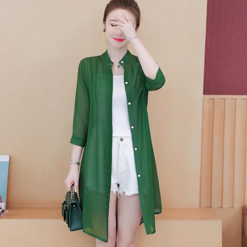 Women's Solid Color Long Coat Sun Protection Clothing Women's Mid-length Beach Chiffon Cardigan Shawl Air-conditioning Shirt Thin Coat