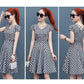 V-neck Plaid Dress Female Summer Short-sleeved Self-cultivation Temperament Wave Point Sexy Waist Mid-length Skirt A-line Version Skirt Waist Was Thin