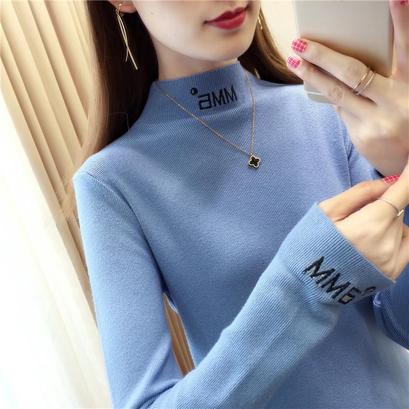 Pofulove Women Letter embroidered turtleneck sweater pullover winter slim knit bottoming sweater