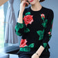 Ethnic Style Rose Print Sweater Women Fall Winter Casual Pullover Sweater Retro Plus Size Woolen Sweater