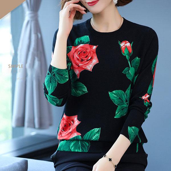 Ethnic Style Rose Print Sweater Women Fall Winter Casual Pullover Sweater Retro Plus Size Woolen Sweater