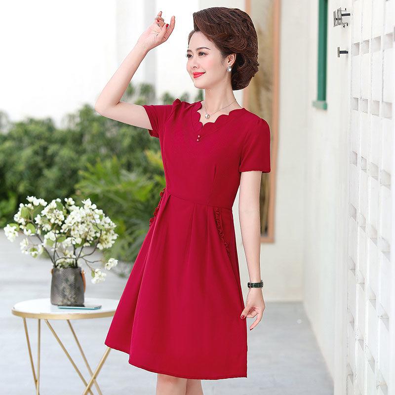 XL-XXXXXL Plus Size Polyester Short-sleeved Dress Summer Knee-length A-line V-neck Ruffle Pocket Skirt
