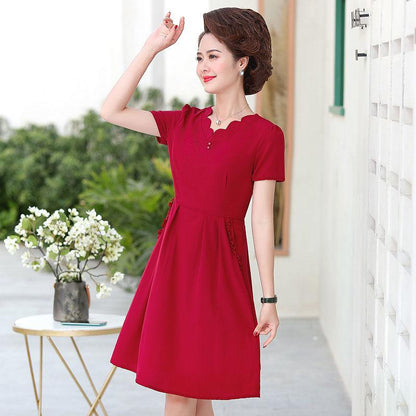 XL-XXXXXL Plus Size Polyester Short-sleeved Dress Summer Knee-length A-line V-neck Ruffle Pocket Skirt
