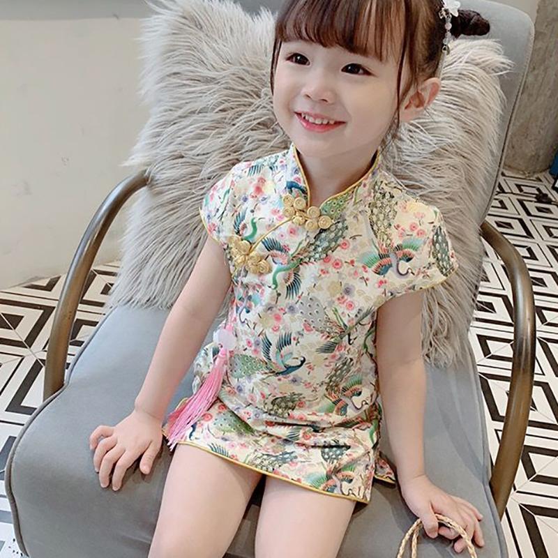 Children's Clothing Girls Spring and Summer Children's Self-cultivation Cheongsam Dress Princess Dress Chinese Style Retro Dress