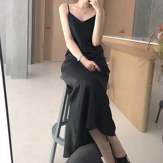 Women's Spring and Summer Korean Elegant Smooth Suspender Satin Long Solid Color A-line Dress