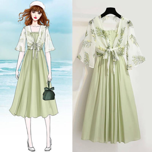 Pofulove Summer Dress Suit Floral Cardigan Shawl Blouse Ruffled Strap Dress Two-piece Chiffon Dress