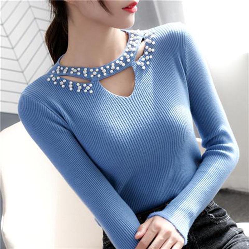 Pofulove Women hollow Pearl Beaded O-Neck Sweater Long Sleeve Slim Knit Pullover Sweater for Winter
