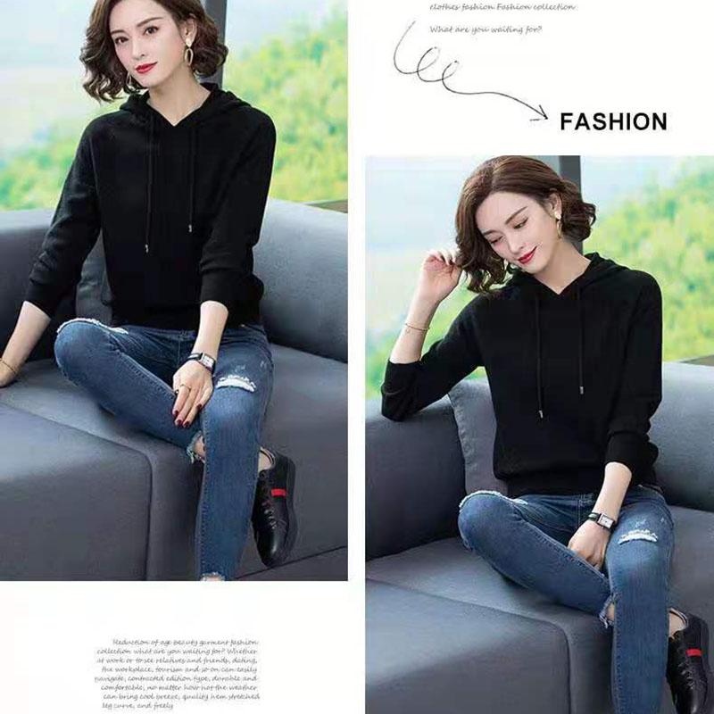 Spring and Autumn Knitted Hooded Sweater Short Loose All-match Top Solid Color Long Sleeve Women's Sweater