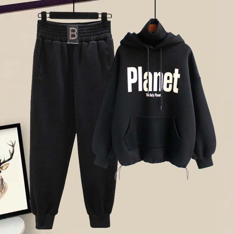 Set Autumn and Winter Plus Velvet Thickening Sports Pants Suit Female Students High Collar Hooded Sweater Two-piece Setet