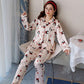 Ice Silk Long-sleeved Pajamas Feminine Feel Ladies Thin Artificial Silk Pajamas Home Service Shirt Casual Suit Style Cute and Easy To Wash